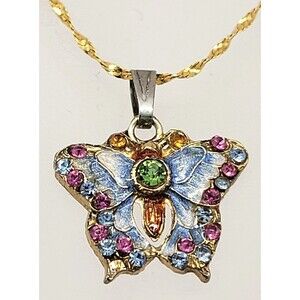 Butterfly Pendant Necklace 14KT Gold Aurafin Italy Twisted Chain Stones Enamel